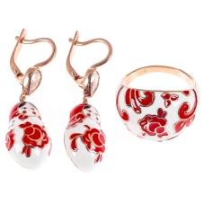 Кольцо (18,5 р.) с серьгами из серебра с золочением и эмалью "Русские матрёшки", артикул 2139