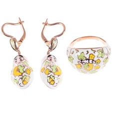 Кольцо (18,5 р.) с серьгами из серебра с золочением и эмалиевым покрытием "Русские матрёшки", артикул 2138