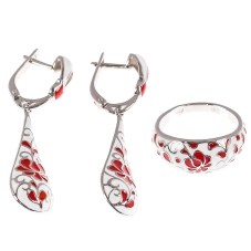Кольцо (17 р.) с серьгами из серебра с эмалью "Хохлома", артикул 2132